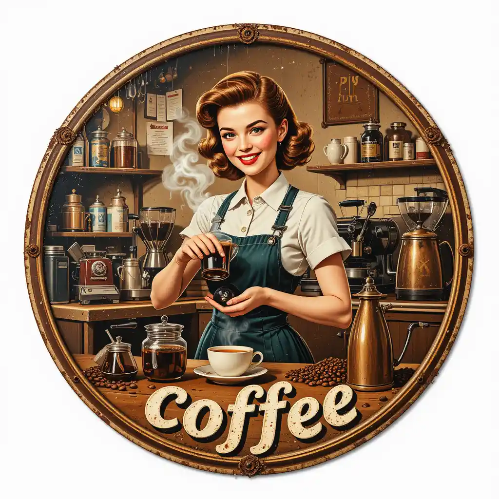 Cuadro Vintage Chic: La Elegancia de una Bella Mujer Preparando Café forma redonda 🌟🖼️.
