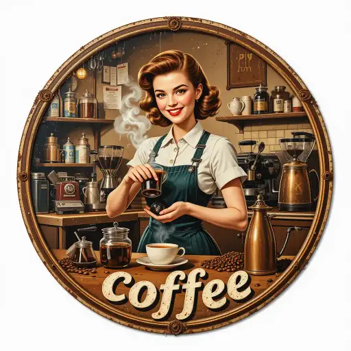 Cuadro Vintage Chic: La Elegancia de una Bella Mujer Preparando Café forma redonda 🌟🖼️.