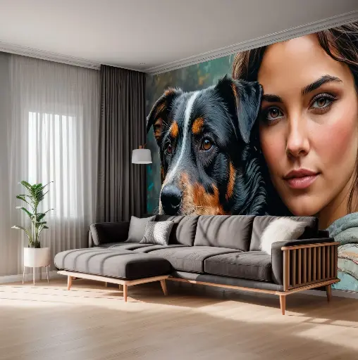 🎨🐾 Mural Decorativo de Perro Rottweiler con su Dueña – Estilo Elegante y Emotivo