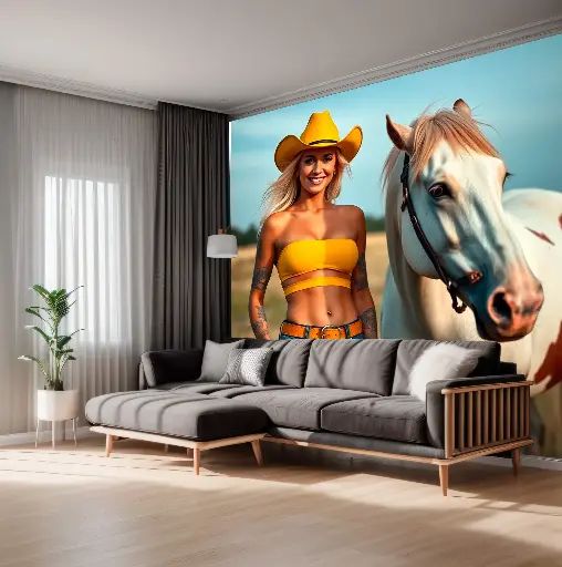 🐎🎨 Mural Decorativo de Caballo Pinto con su Dueña – Elegancia y Conexión Natural 🌿✨